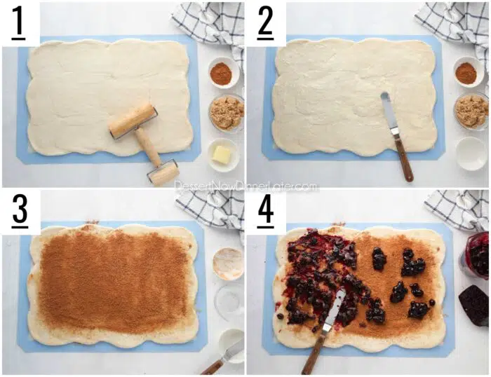 Steps 1-4 for making Blueberry Cinnamon Rolls. 1- Rhodes dough rolled into a rectangle. 2- Softened butter spread over dough. 3- Brown sugar and cinnamon sprinkled over butter. 4- Blueberry sauce dolloped and being spread over the cinnamon-sugar with an offset spatula.