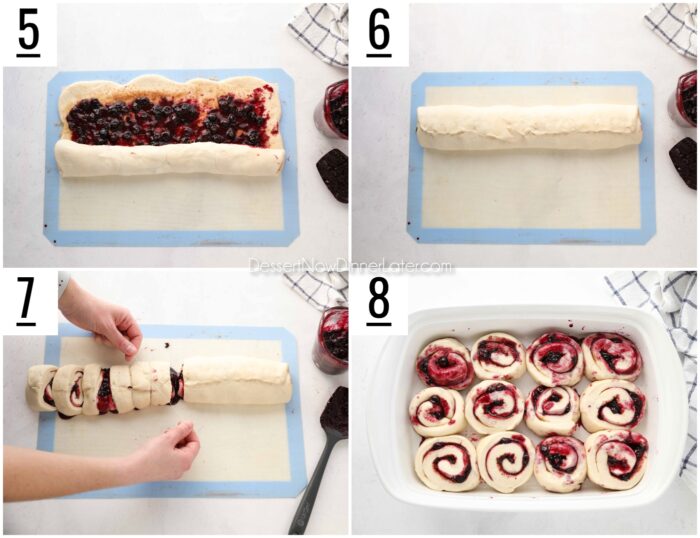 Steps 5-8 for making Blueberry Cinnamon Rolls. 5- Dough being rolled into a log with the blueberry cinnamon filling inside. 6- Dough seams pinched together. 7- Cutting slices by wrapping floss around the dough, criss-crossing the two ends, and pulling tightly in opposite directions. 8- Sliced rolls set inside of a baking pan.