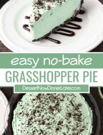Pinterest collage for grasshopper pie recipe with two images and text in the center.