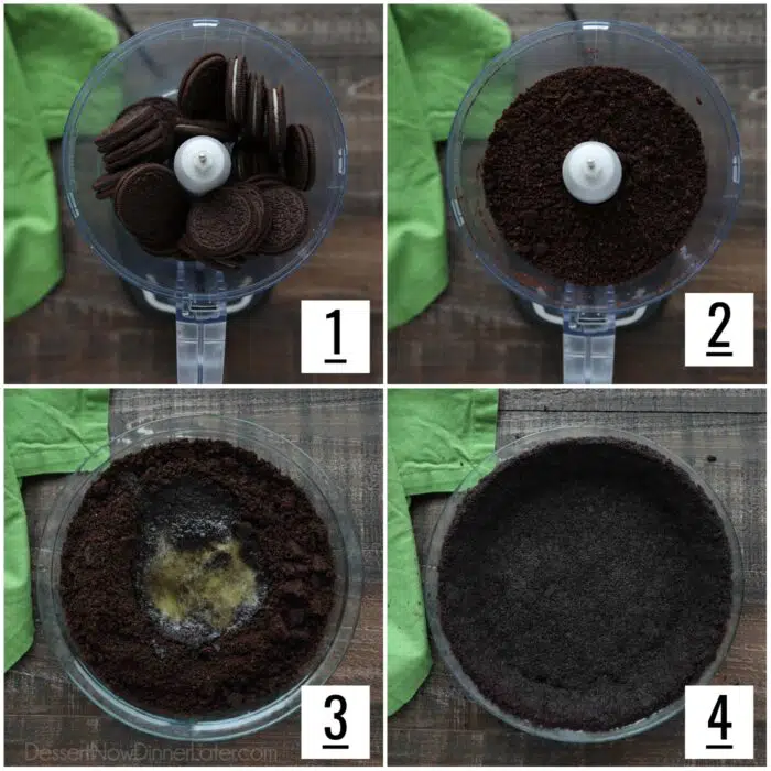 Steps for grasshopper pie crust. 1- Oreos inside of a food processor. 2- Crushed Oreos inside of a food processor. 3- Oreos and melted butter in pie dish. 4- Oreo crust pressed onto the bottom and sides of a pie dish.