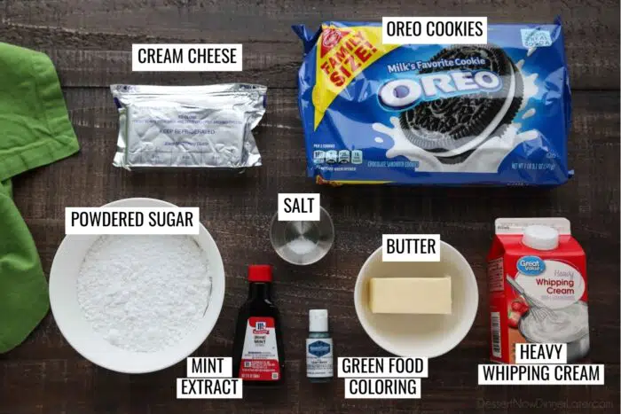 Ingredients for Grasshopper Pie Recipe: Oreo cookies, butter, cream cheese, powdered sugar, salt, mint extract, green food coloring, and heavy whipping cream.