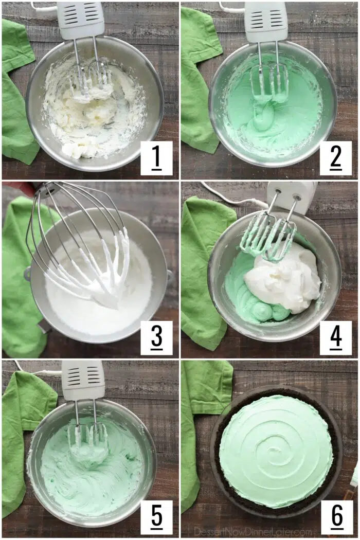 Steps for grasshopper pie filling. 1- Cream cheese beaten in a bowl with an electric hand mixer. 2- Mixture after powdered sugar, salt, mint extract and green food coloring has been added. 3- Heavy cream whipped to stiff peaks. 4- Cream cheese and whipped cream added to same bowl. 5- Filling mixed completely. 6- Filling spread into Oreo pie crust.