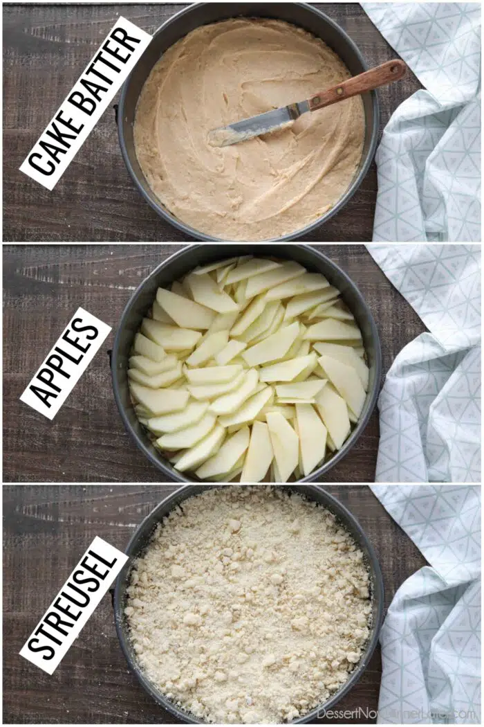 Layering the Irish apple cake into a 9-inch springform pan. First the cake batter, then a layer of apples, and then the streusel sprinkled on top.