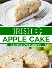 Pinterest collage for Irish Apple Cake with two images and text in the center.