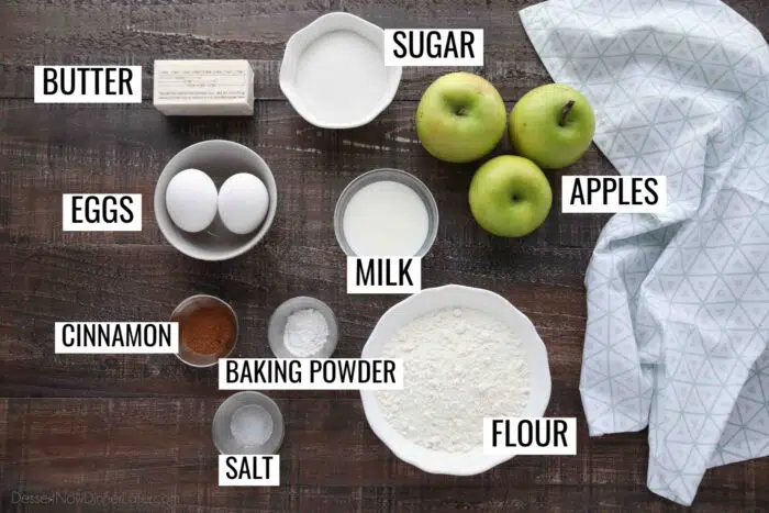 Ingredients for Irish Apple Cake: butter, sugar, eggs, milk, apples, cinnamon, baking powder, salt, and flour.