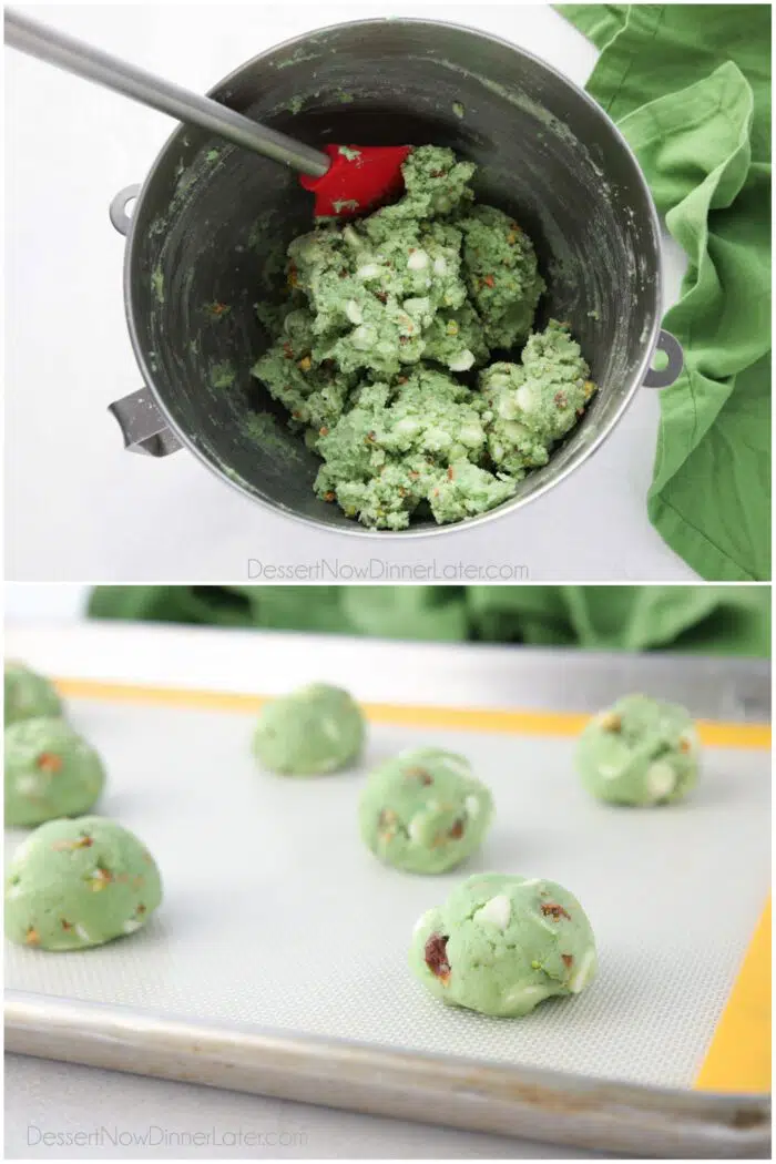 Collage. Top: Prepared cookie dough in a mixing bowl. Bottom: Pistachio cookie dough balls on a baking sheet.