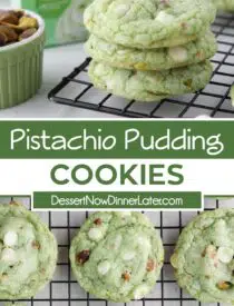 Pinterest collage for Pistachio Pudding Cookies with two images and text in the center.