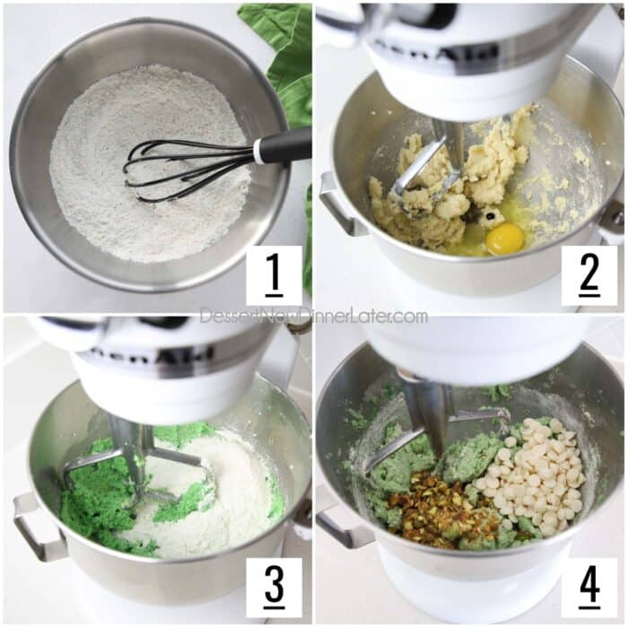 How to make pistachio cookies. 1- Combine flour, pistachio pudding mix, baking soda, and salt in a bowl. 2- Cream butter, granulated sugar, and brown sugar in a mixer. Add egg, vanilla, and green food coloring. 3- Add dry ingredients to wet ingredients. 4- Gently mix in chopped pistachios and white chocolate chips.