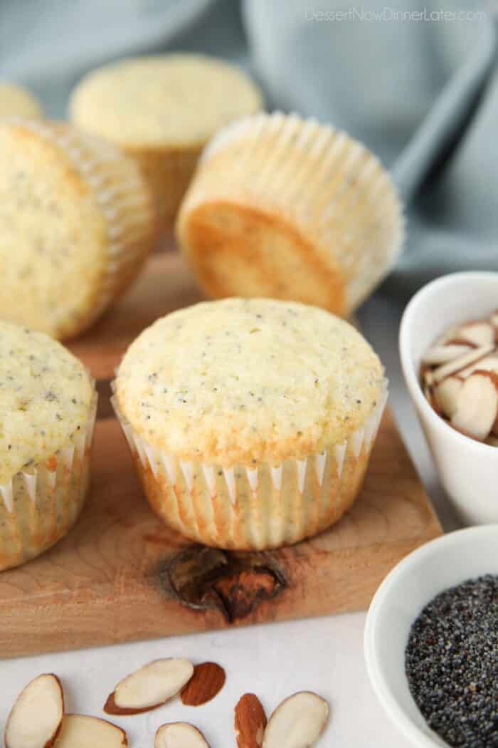 Close up of an almond poppy seed muffin.