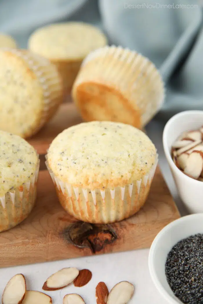 Close up of an almond poppy seed muffin.