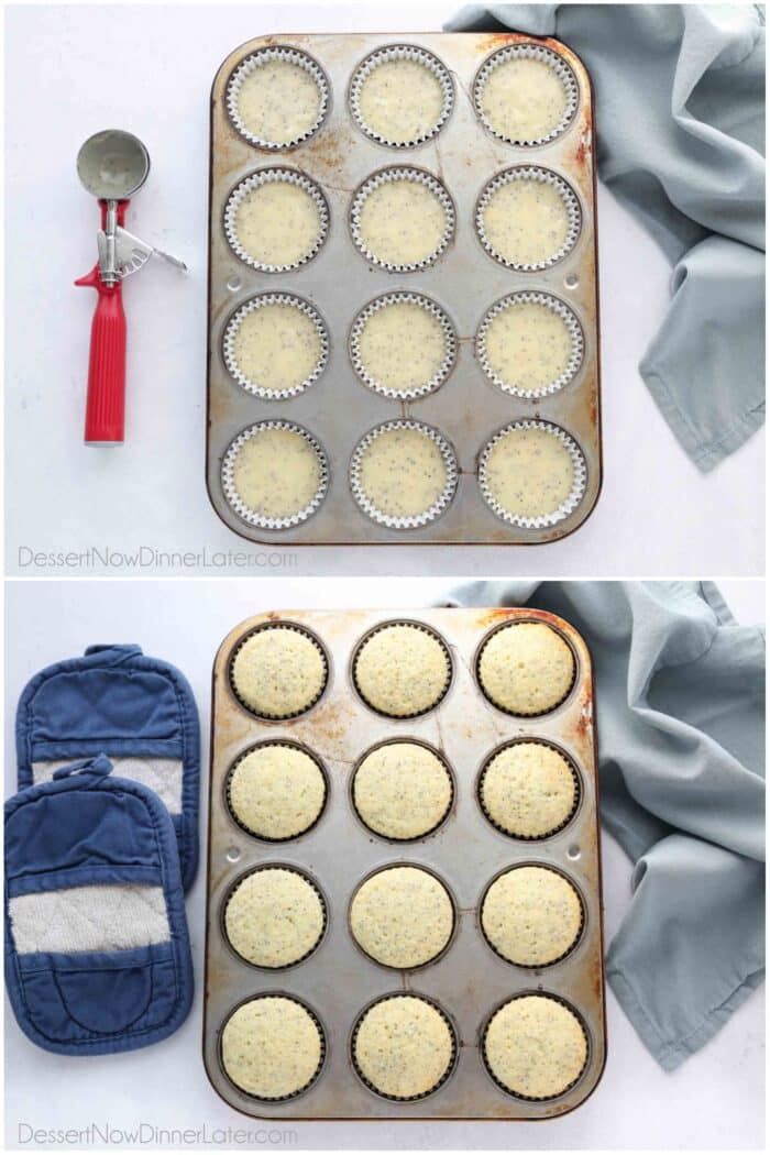 Two image collage. Almond poppy seed muffins in pan before and after baking.