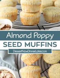Pinterest collage for Almond Poppy Seed Muffins with two images and text in the center.