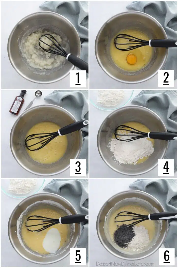 Steps to make almond poppy seed muffins. 1- Whisk oil and sugar. 2- Incorporate eggs one at a time. 3- Add almond extract. 4- Mix in half the flour. 5- Mix in the buttermilk. 6- Mix in the remaining flour and poppy seeds.