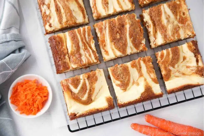 Carrot Cake Brownies swirled with cream cheese.