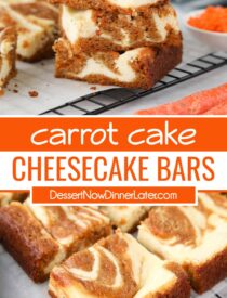 Pinterest collage for Carrot Cake Cheesecake Bars with two images and text in the center.
