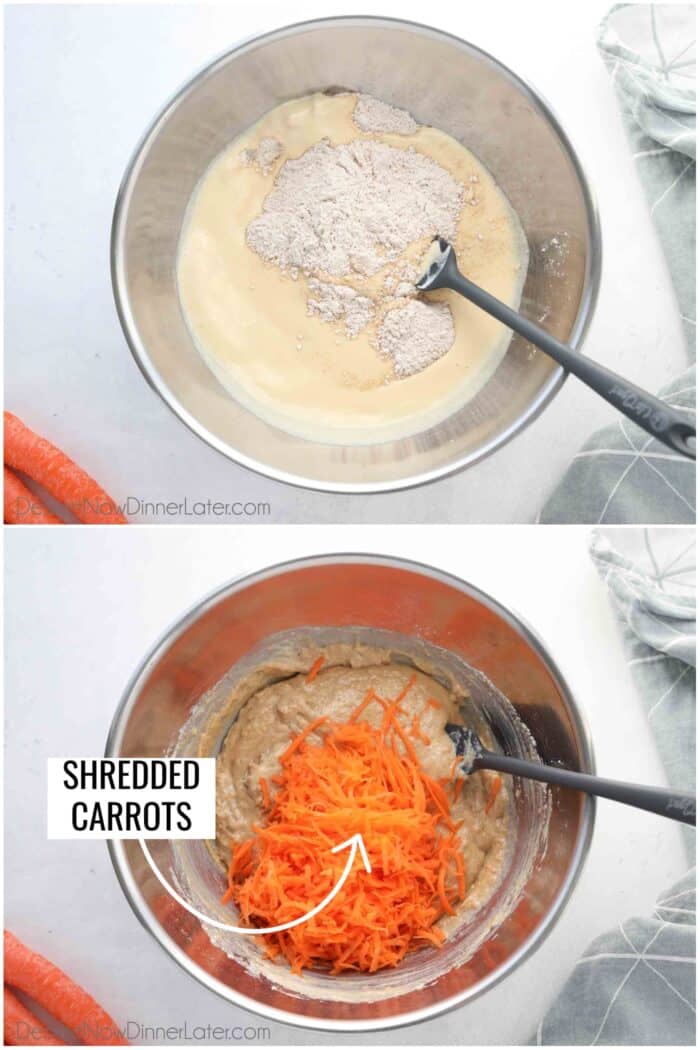 Two image collage. Top: Wet and dry ingredients being mixed together. Bottom: Shredded carrots added to batter.