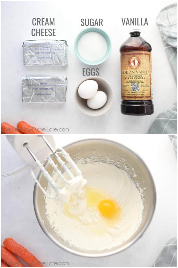 Two image collage. Top: Labeled cheesecake ingredients. Bottom: Cheesecake batter being made with a hand mixer.