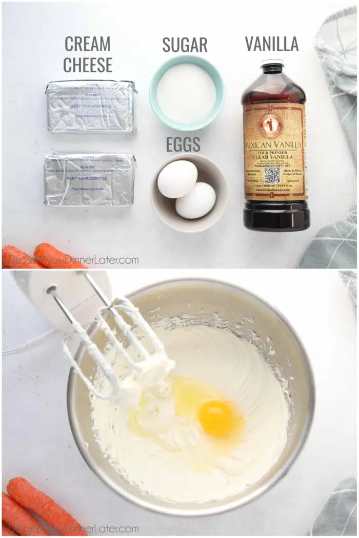 Two image collage. Top: Labeled cheesecake ingredients. Bottom: Cheesecake batter being made with a hand mixer.