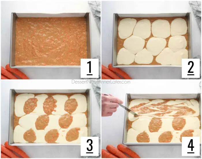 Four recipe steps. 1- Carrot cake batter spread evenly in pan. 2- Dollops of cheesecake batter added. 3- Dollops of carrot cake batter added. 4- Swirling batter with knife.