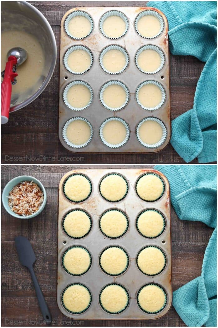 Two image collage. Top: Batter inside of a paper lined muffin tin. Bottom: Baked coconut cupcakes in pan.