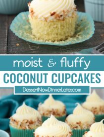 Pinterest collage image for Coconut Cupcakes with two images and text in the center.