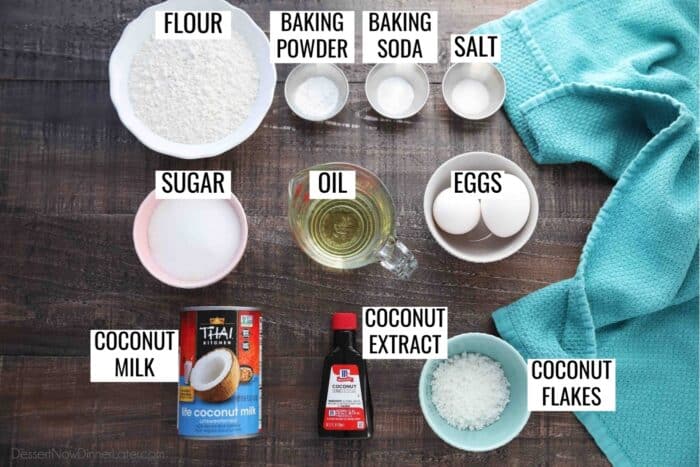 Ingredients for Coconut Cupcakes: all-purpose flour, baking powder, baking soda, salt, granulated sugar, canola oil, eggs, coconut milk, coconut extract, and coconut flakes.