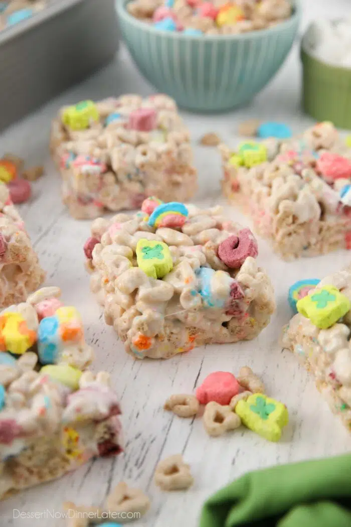 Close-up side view of lucky charms marshmallow treats.
