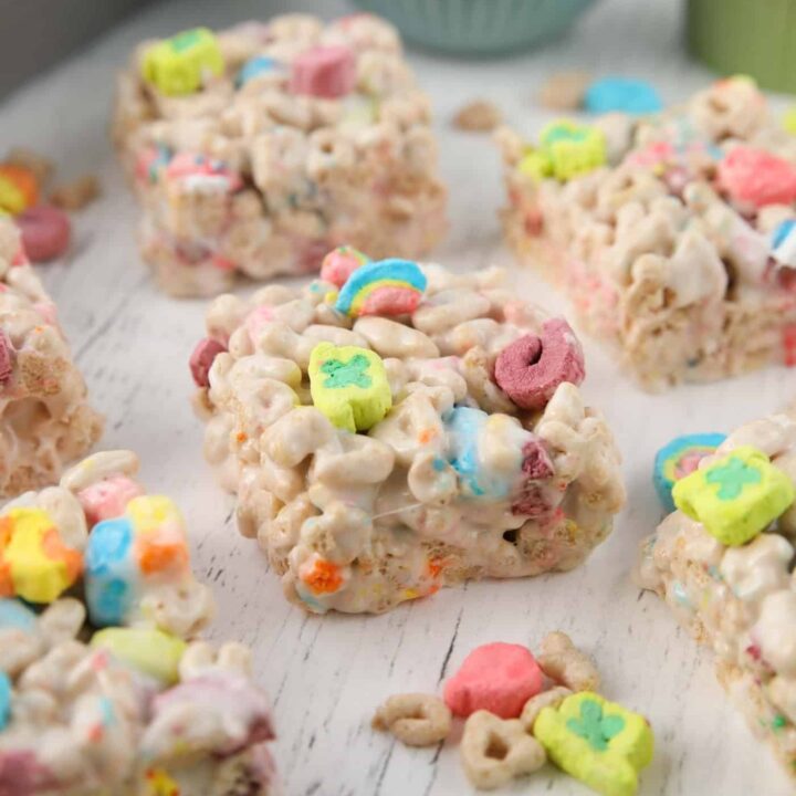 Close-up side view of lucky charms marshmallow treats.