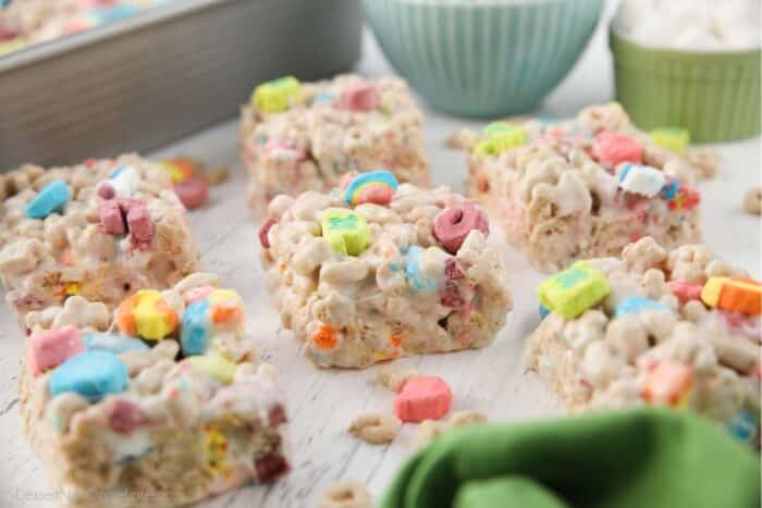 Close-up side view of lucky charms rice krispie treats.