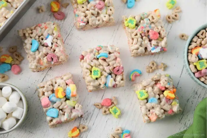 Top view of squares of lucky charms treats.