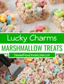 Pinterest collage for Lucky Charms Treats with two images and text in the center.