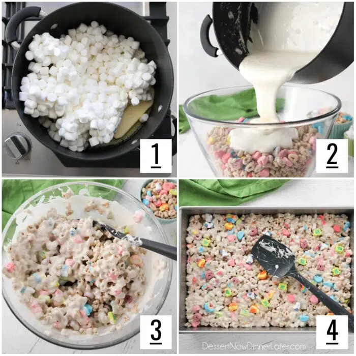 Steps to make lucky charms treats. 1- Melt butter and marshmallows together. 2- Pour over cereal. 3- Mix. 4- Spread in pan.