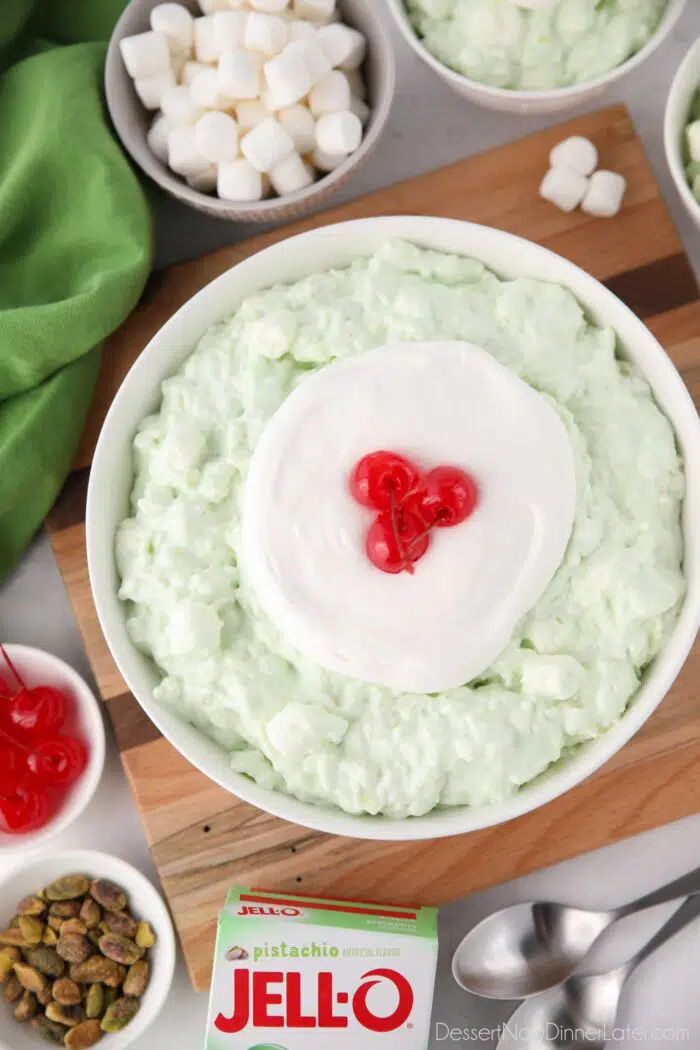Top view of watergate salad in a serving bowl.