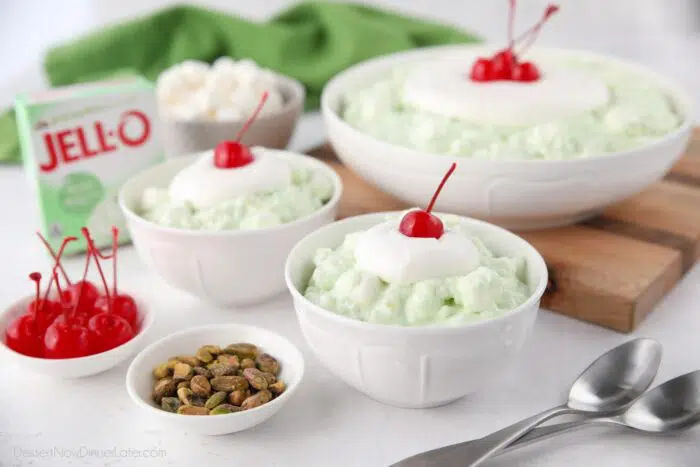Bowls of pistachio salad made with jello pudding.