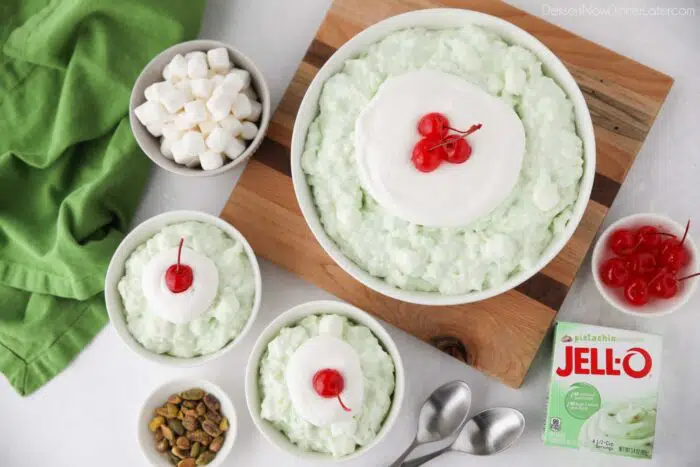 Top view of bowls filled with pistachio salad.