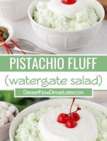 Pinterest collage for Pistachio Fluff with two images and text in the center.