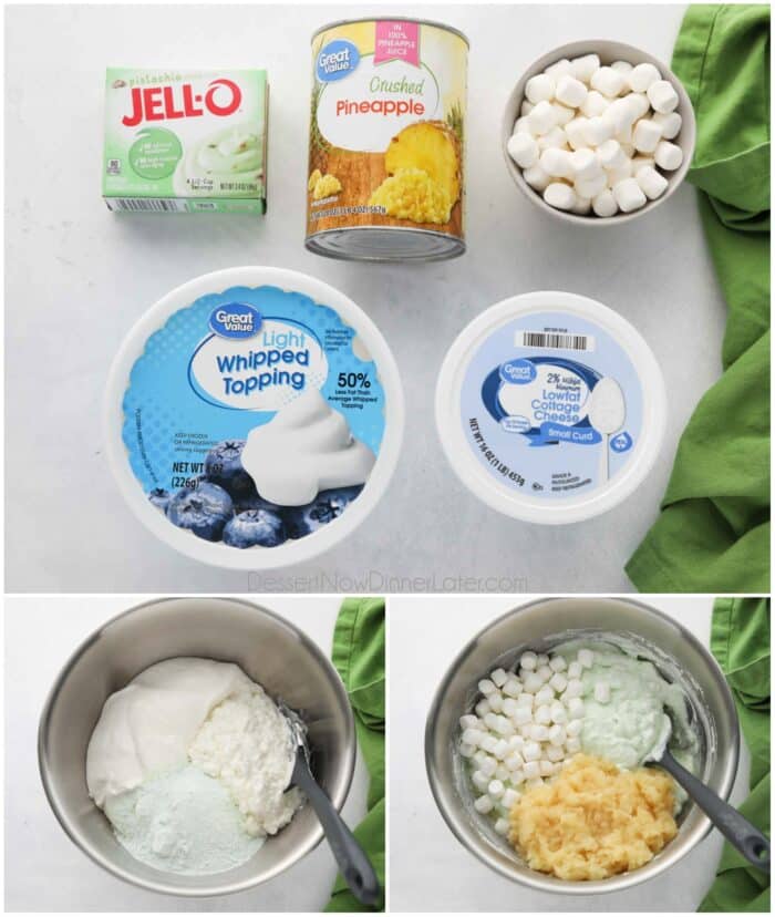 Three image collage. 1- Ingredients. 2- Mixing the whipped topping, cottage cheese, and pistachio pudding mix together. 3- Adding the mini marshmallows and crushed pineapple.