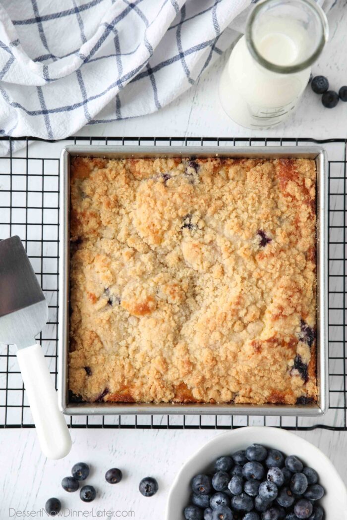 Blueberry Crumb Cake in a square baking pan.