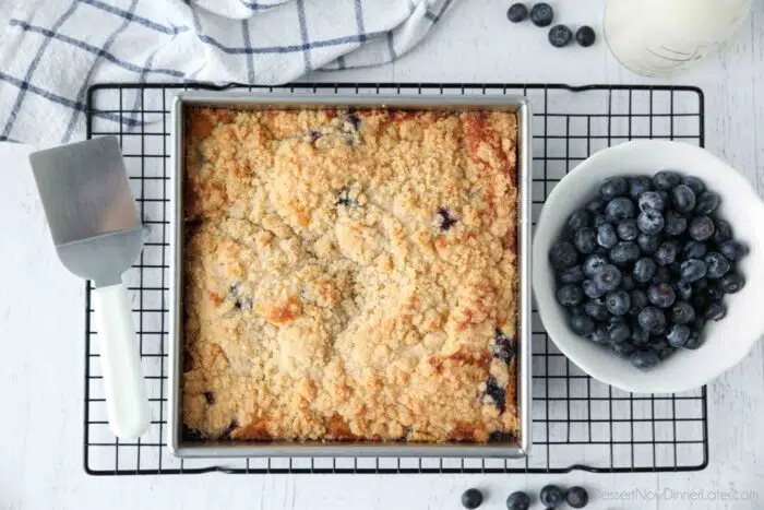 Blueberry Coffee Cake in a square baking dish.