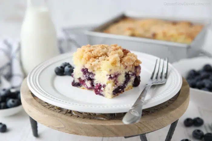 Slice of blueberry streusel coffee cake on a plate.
