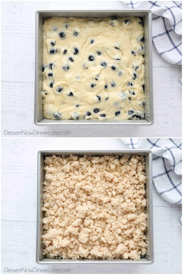 Blueberry cake batter spread into square baking pan, then topped with streusel.