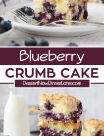 Pinterest collage for Blueberry Crumb Cake with two images and text in the center.