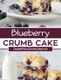 Pinterest collage for Blueberry Crumb Cake with two images and text in the center.