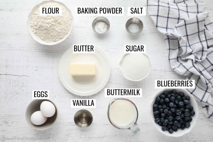Labeled ingredients for blueberry crumble cake.