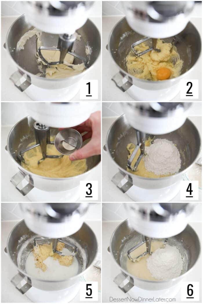 Six image collage of steps to make blueberry crumble cake.