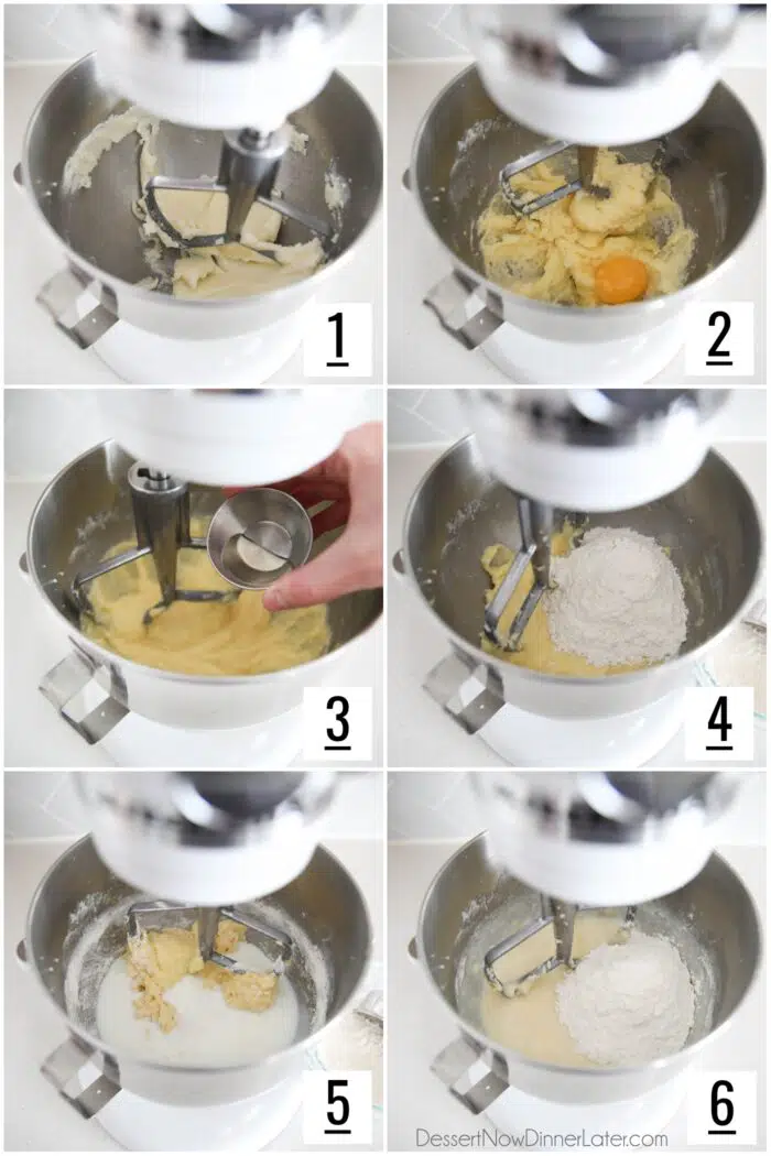 Six image collage of steps to make blueberry crumble cake.