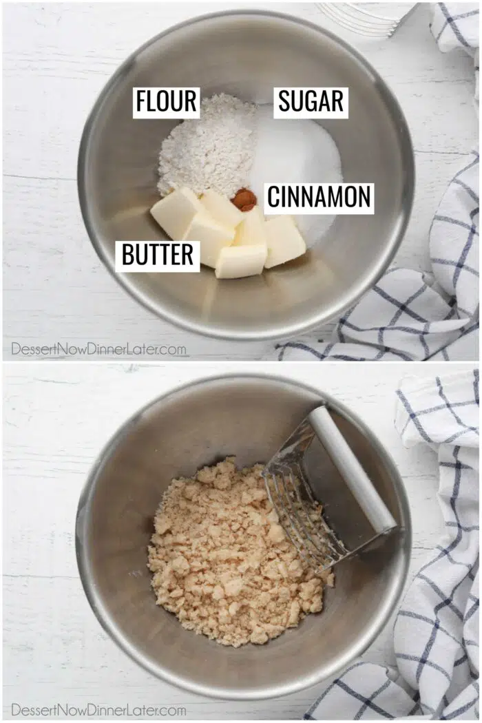Labeled streusel ingredients in a bowl, then mixed together to make crumbs.
