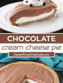 Pinterest collage for chocolate cream cheese pie with two images and text in the center.