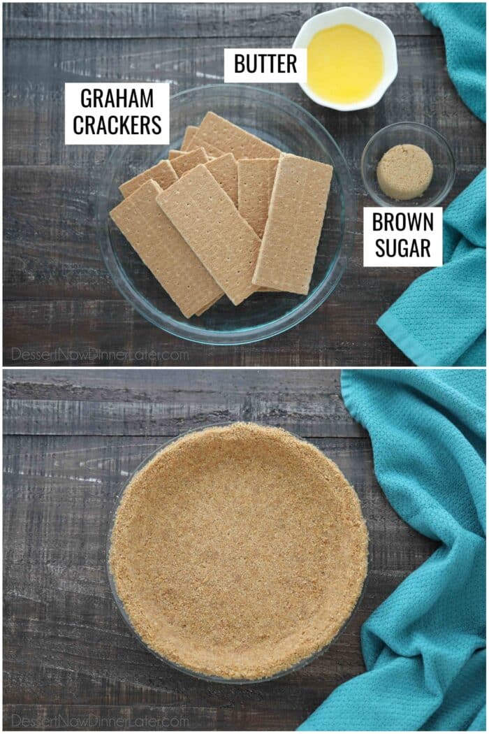 Labeled ingredients for the graham cracker crust and prepared crust in pan.