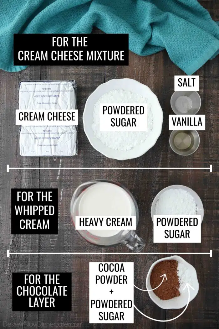 Labeled ingredients for the no bake cream cheese filling.